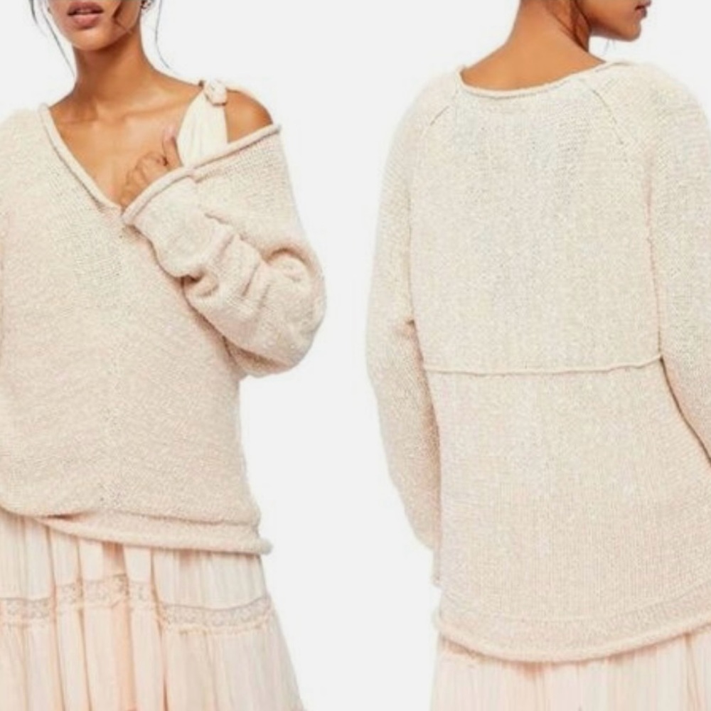 Free people marled bright lights open stitch sweater in beige color small